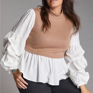Anthropologie Tan and Off-White Layered Knit Sweater Blouse with Puffy Sleeves
